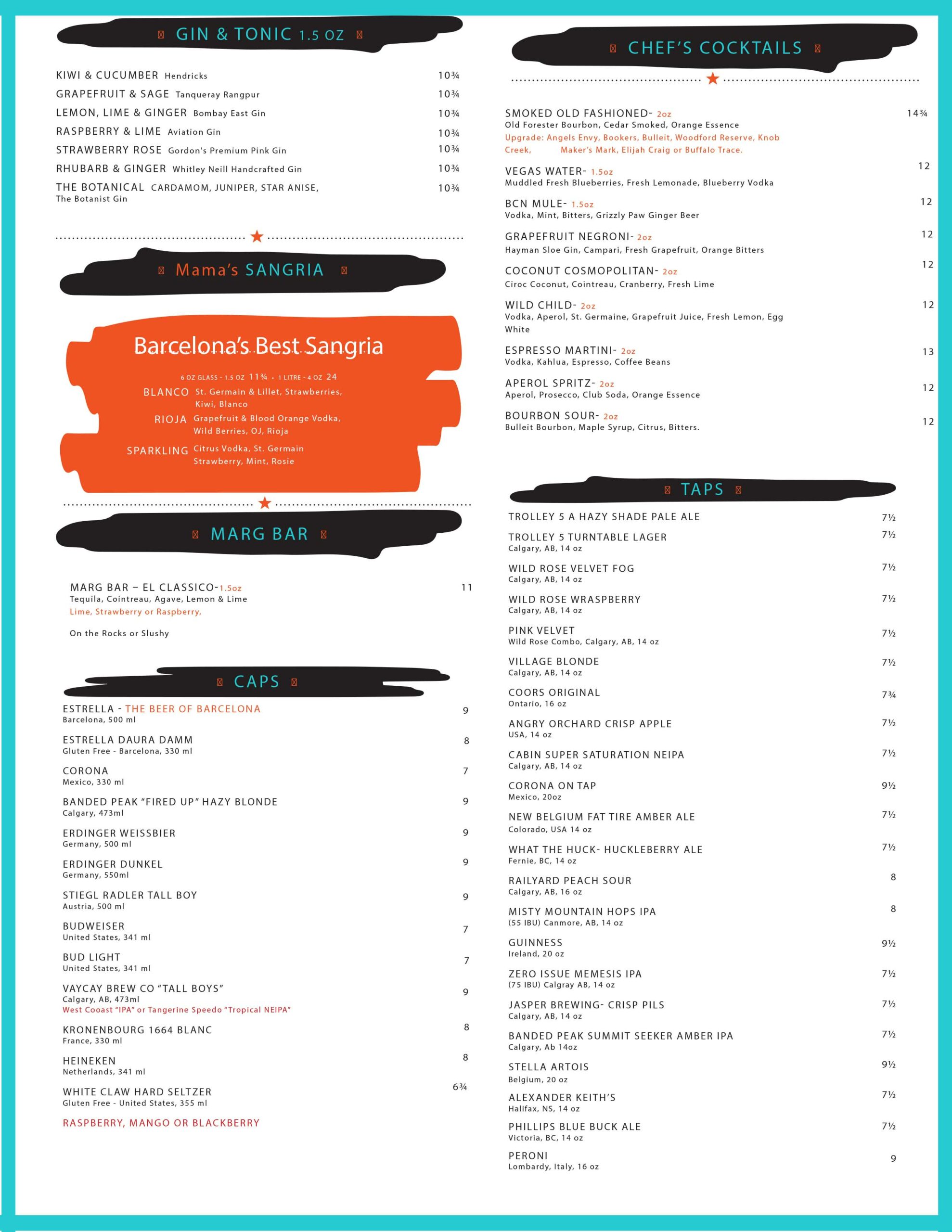 Barcelona Tavern Menu Bar